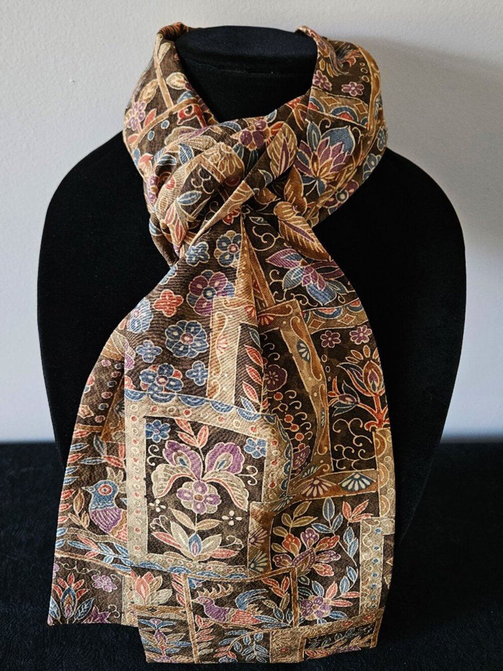 Japanese Silk Kimono Scarf S4500 - Chirimen Silk Brown "Patchwork Look"